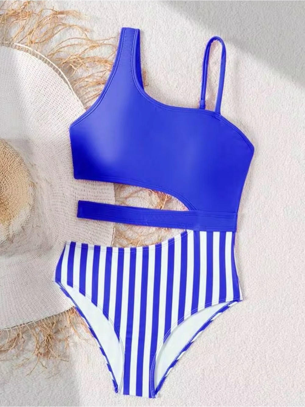 SHEIN Royal Blue One-Shoulder Cutout Striped Kids One-Piece